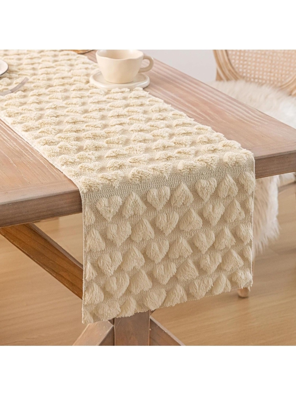 Beige Soft Plush Faux Fur Heart Table Runner 108" Long Valentine Dining Decor